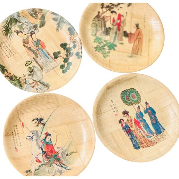 vintage Other - Set of Small Painted Bamboo Plates